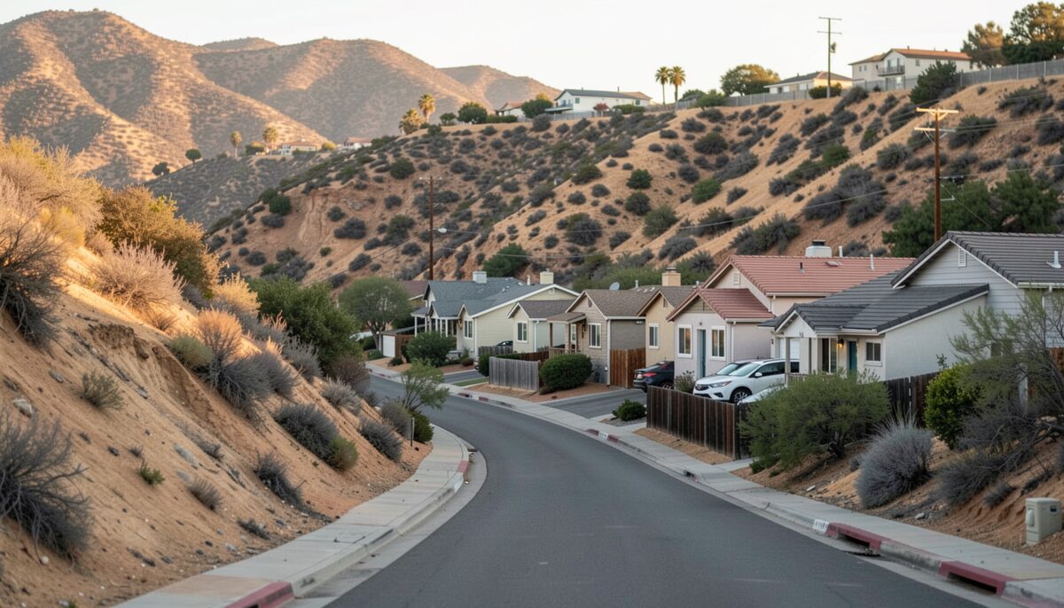 A cul-de-sac of small houses ending at a canyon edge with chaparral slope behind in Northeast LA.