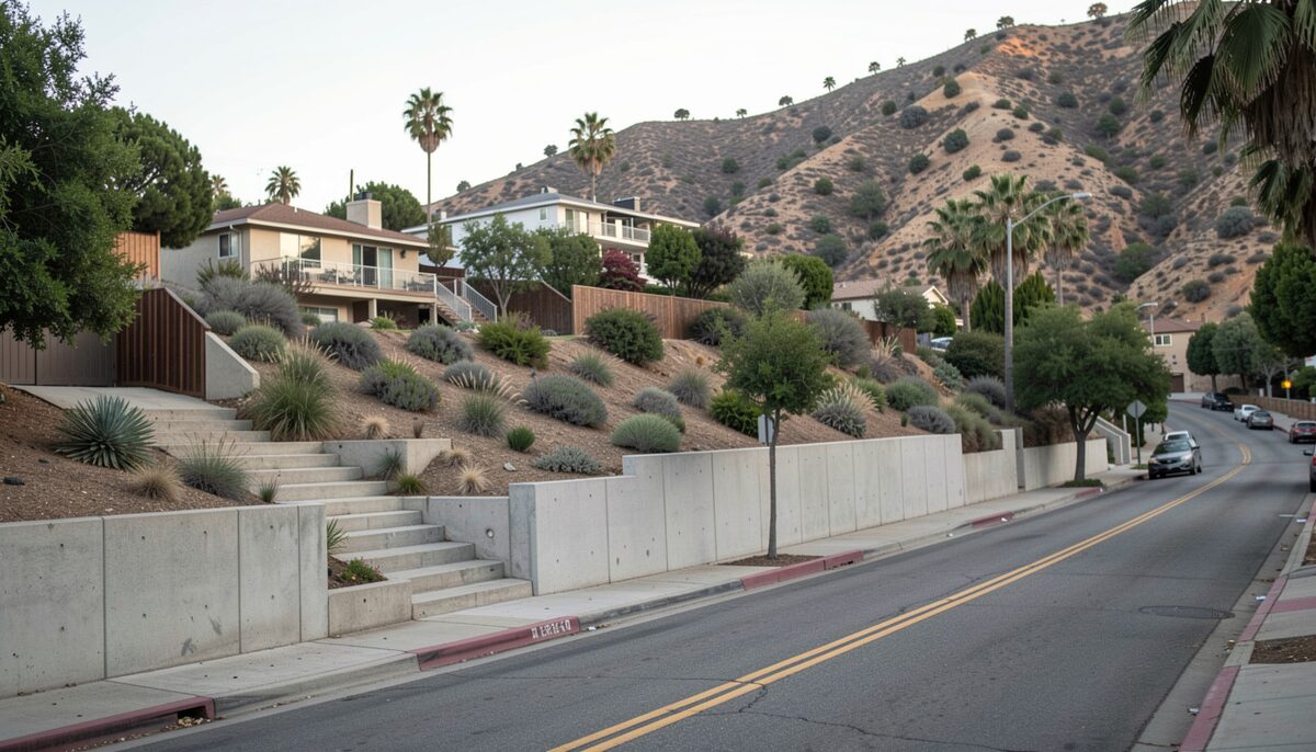 A steep hillside lot with a stepped concrete foundation and retaining wall above a Northeast LA canyon street.
