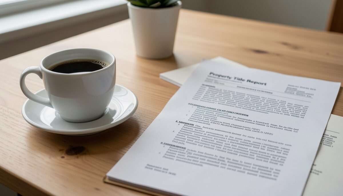 A preliminary title report document with easement language and parcel legal description beside a coffee cup.
