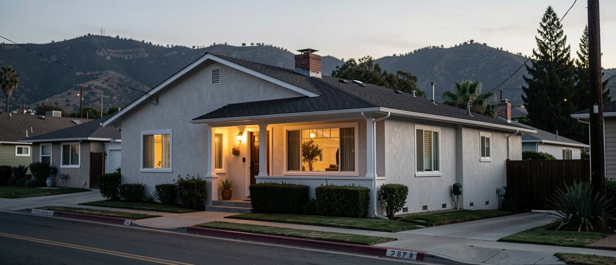 A Highland Park bungalow at dusk with its porch lamp lit, San Rafael hills behind