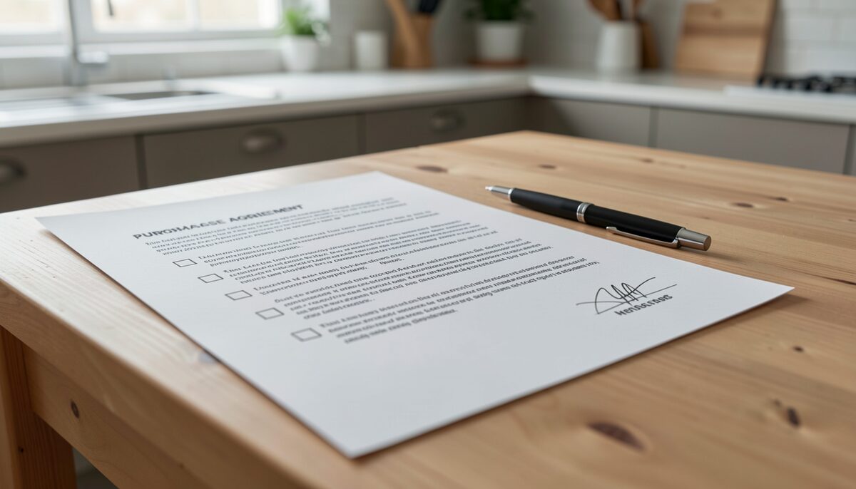 A purchase offer document with checkbox paragraphs and initials beside a pen on a kitchen table.