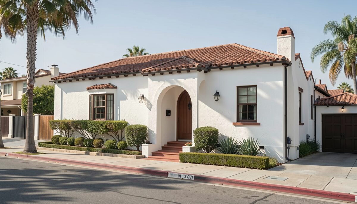 A white stucco Spanish revival house with a red tile roof and arched entry on a sunny LA street.
