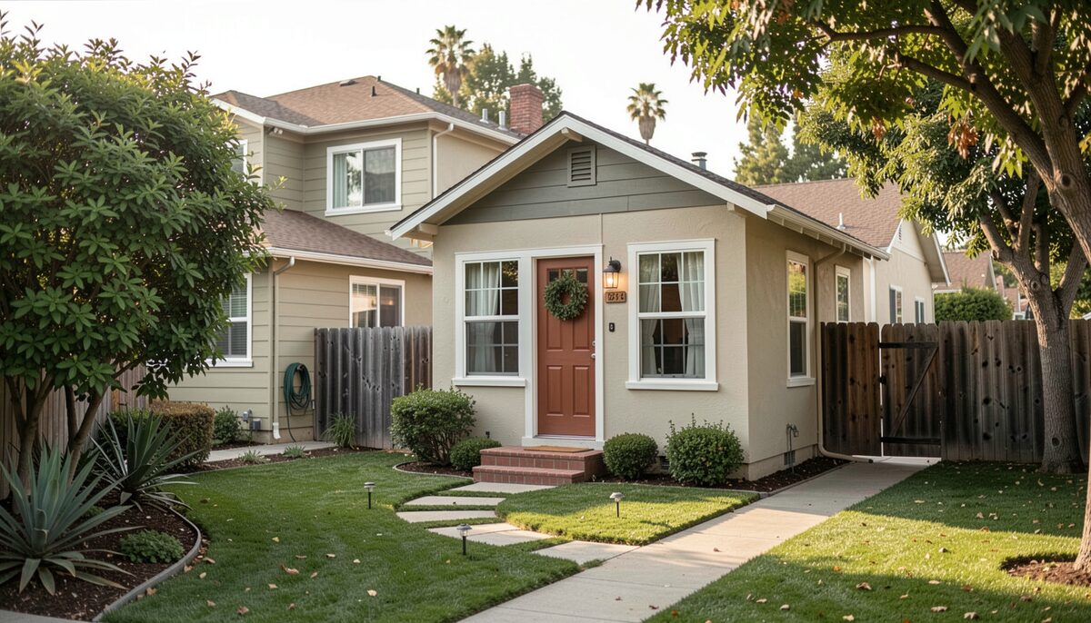A small detached backyard cottage behind a bungalow, reached by a side path, on a Los Angeles R1 lot.