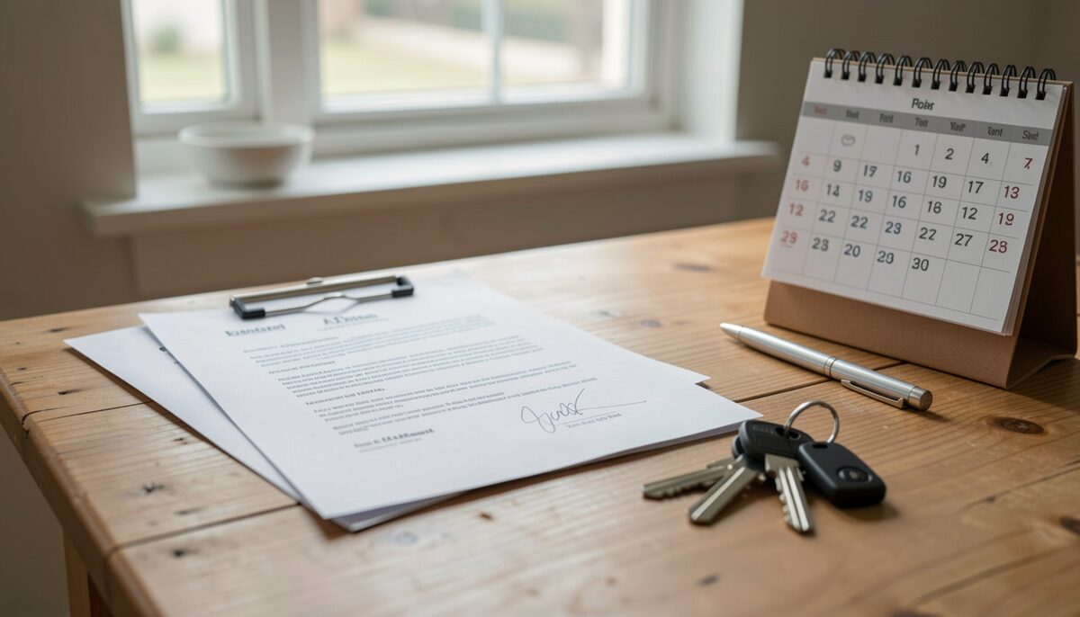 An escrow folder with signed disclosures, a check and a key on a desk beside a calendar.