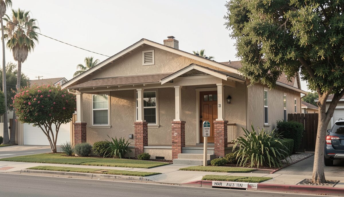 A low-pitched stucco bungalow with a deep front porch and clinker brick piers on a Northeast LA street.